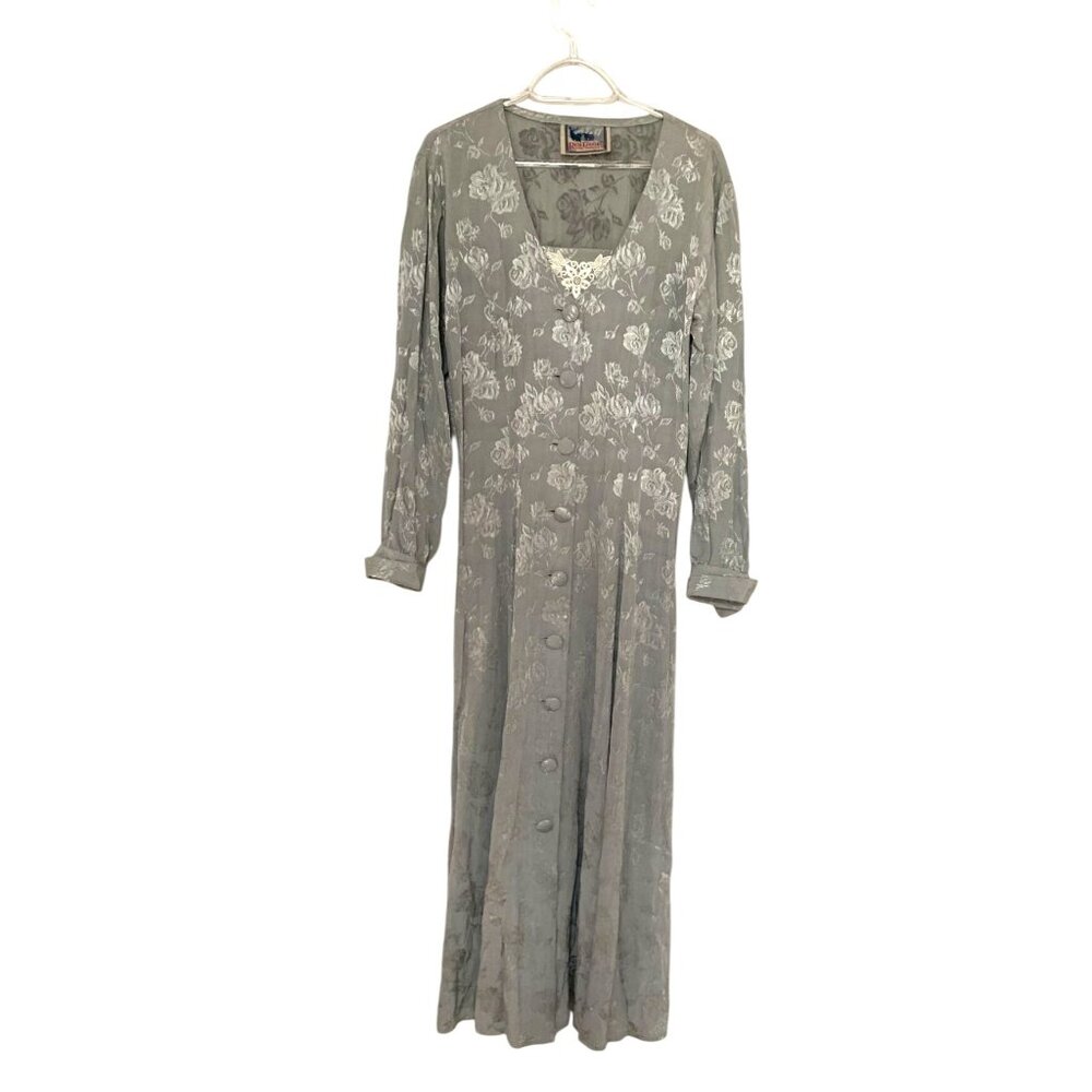 Vintage Victorian Y2K Dress Midi Gray sheen Full Hem Old Money Size Large Rose M
